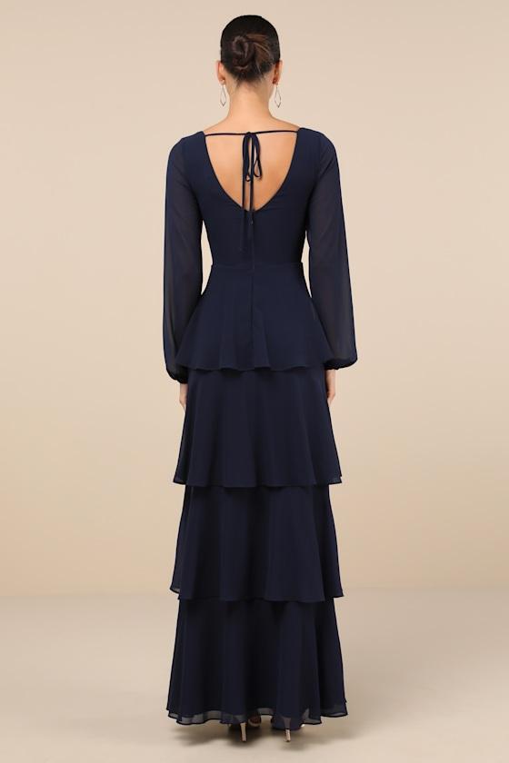 Flawless Excellence Navy Blue Tiered Long Sleeve Maxi Dress Product Image