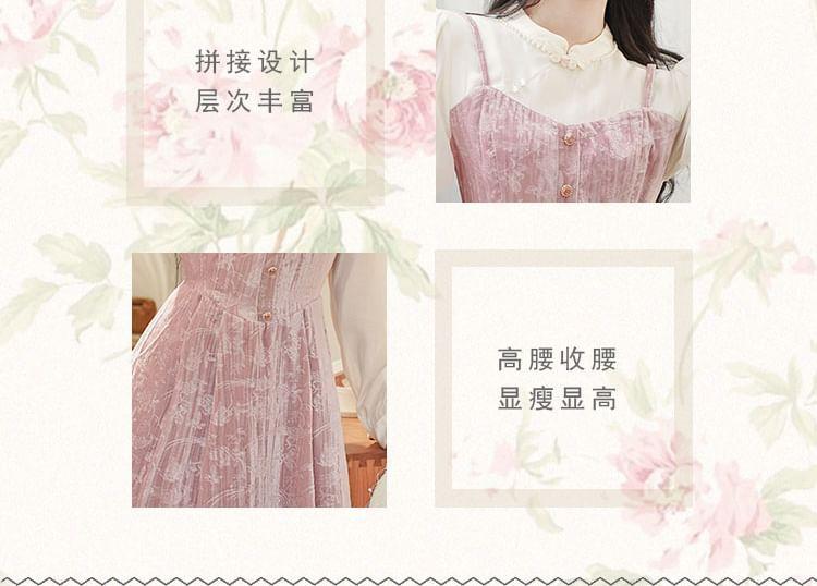 Mock Two-Piece Long-Sleeve Mandarin Collar Floral Velvet Midi A-Line Dress Product Image