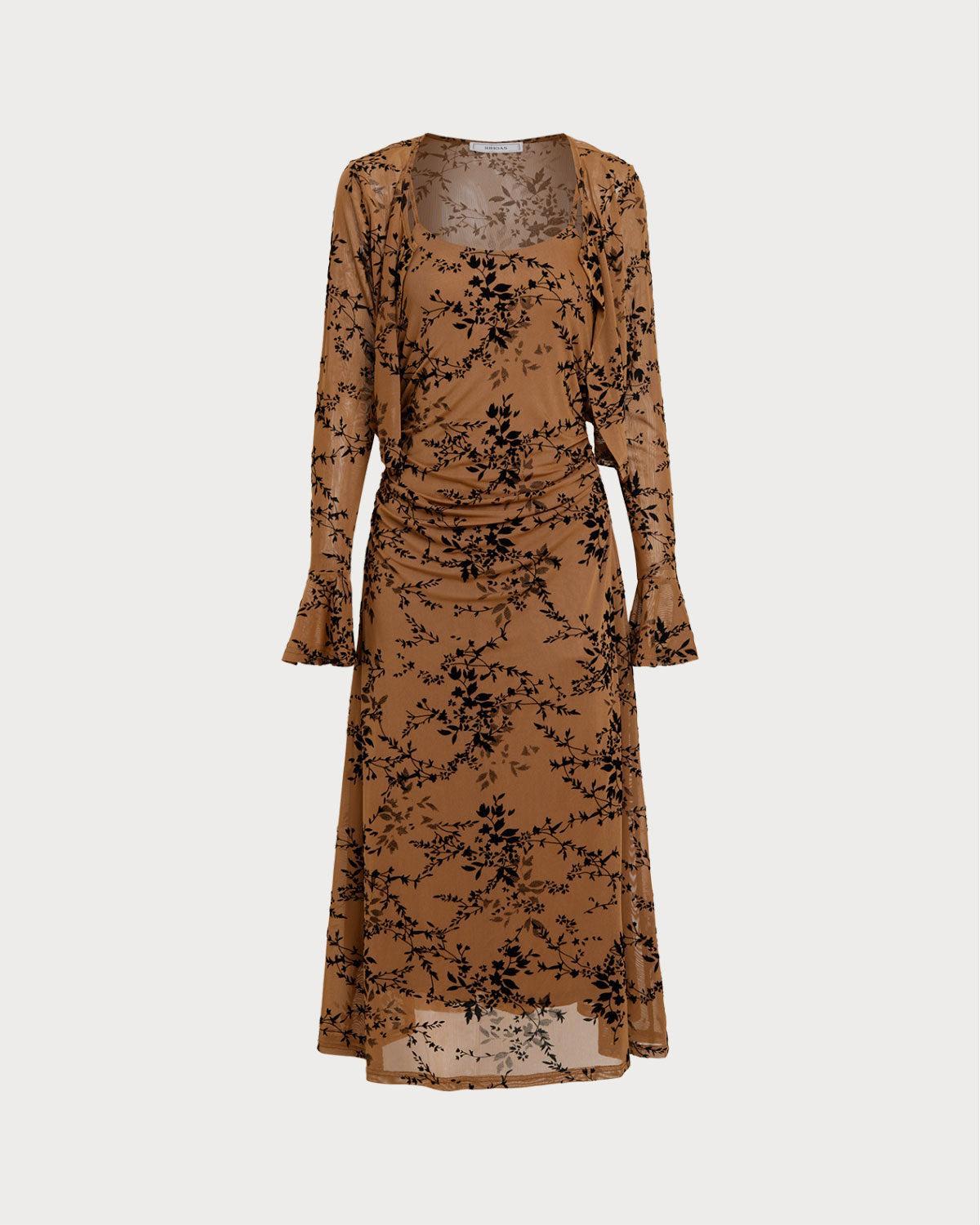 Brown Floral Two-piece Midi Dress Product Image