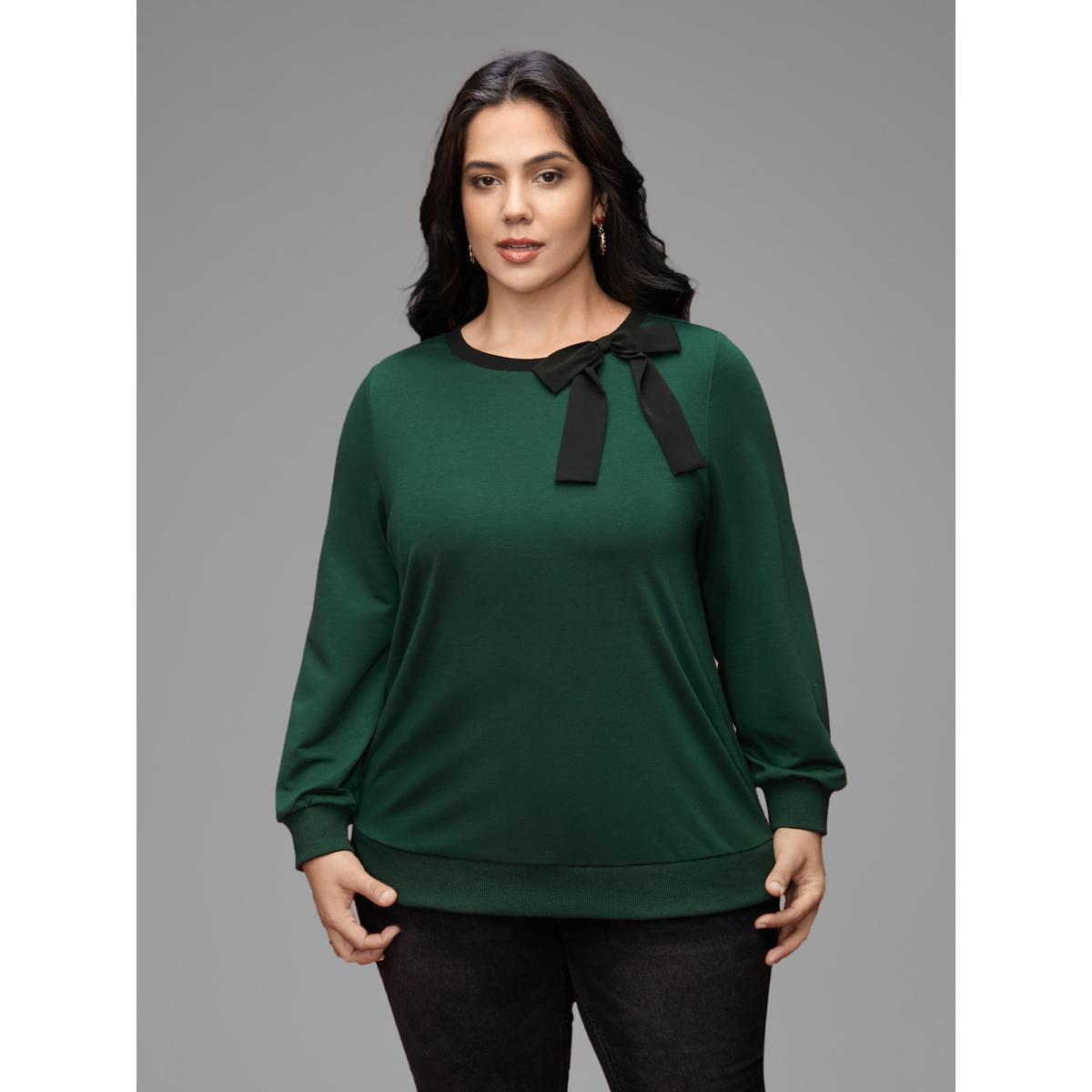Plus Size Bow-tie Detailing High Neck Sweatshirt Women DarkGreen Casual Contrast Round Neck Everyday Sweatshirts BloomChic 14-16/1X Product Image