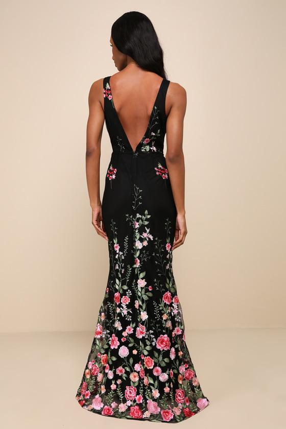 Soiree Blossom Black Floral Embroidered Mermaid Maxi Dress Product Image