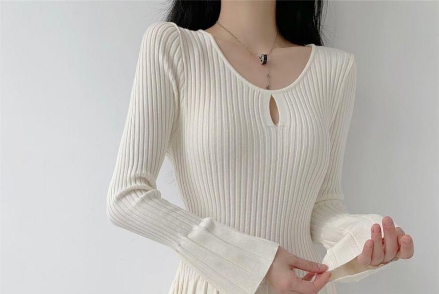 Long-Sleeve Plain Ribbed Keyhole Mini Knit Dress Product Image
