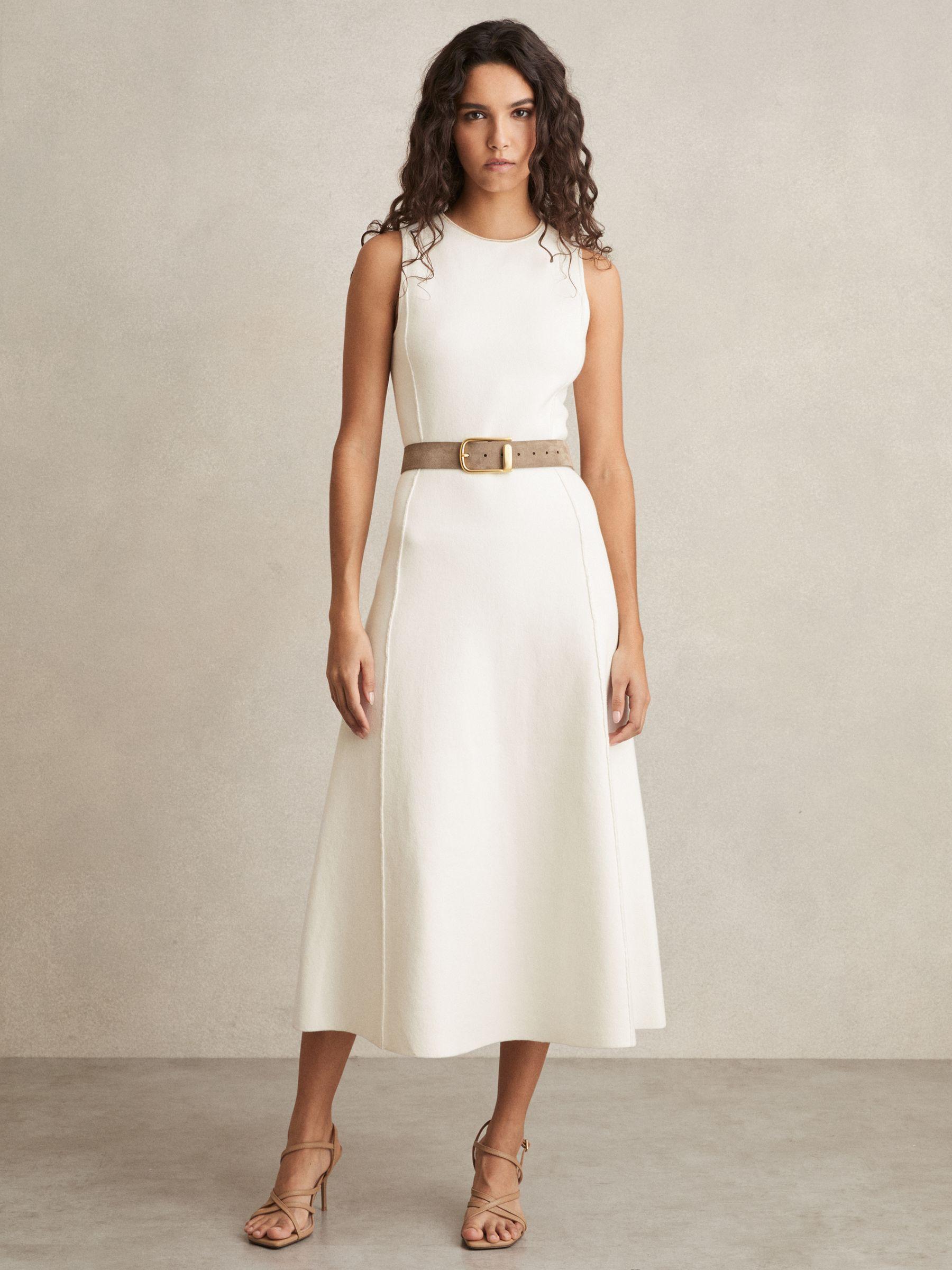 Petite Linen Belted Sleeveless Midi Dress in Neutral Product Image