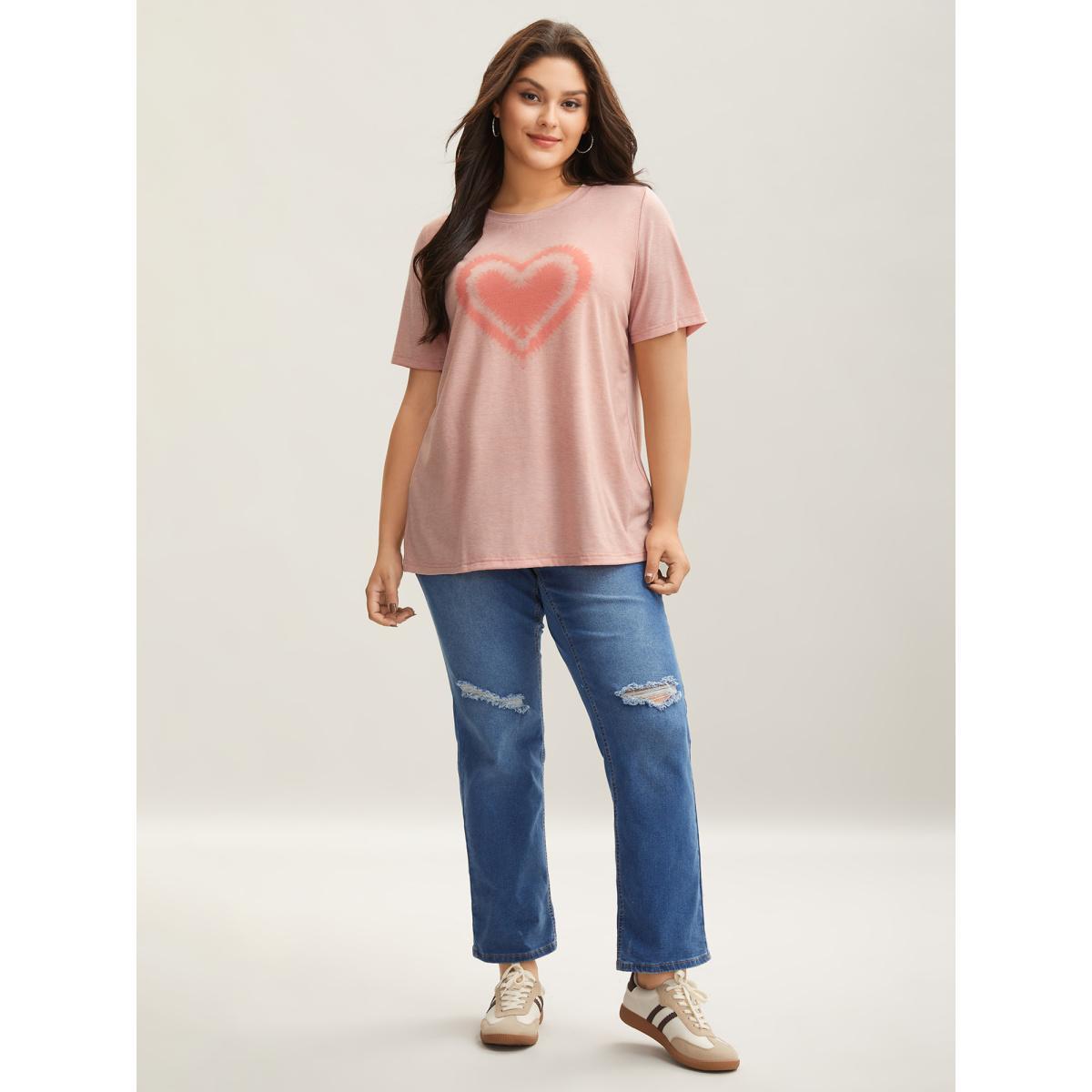 Plus Size Supersoft Heart Motif Tie-Dye Stretchy T-Shirt Lightpink Women Casual Non Round Neck Everyday T-shirts BloomChic 26/4X Product Image