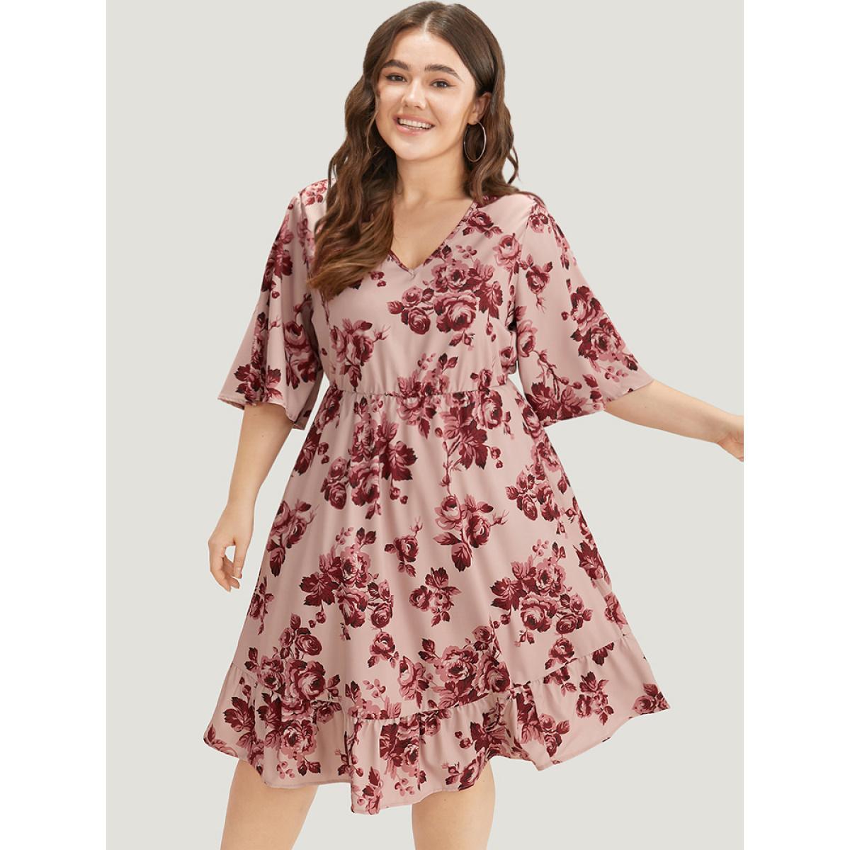 Plus Size Floral Print Pocket Flounce Sleeve Ruffle Dress DustyPink Women Elegant Printed V-neck Half Sleeve Curvy Midi Dress BloomChic 14-16/1X Product Image