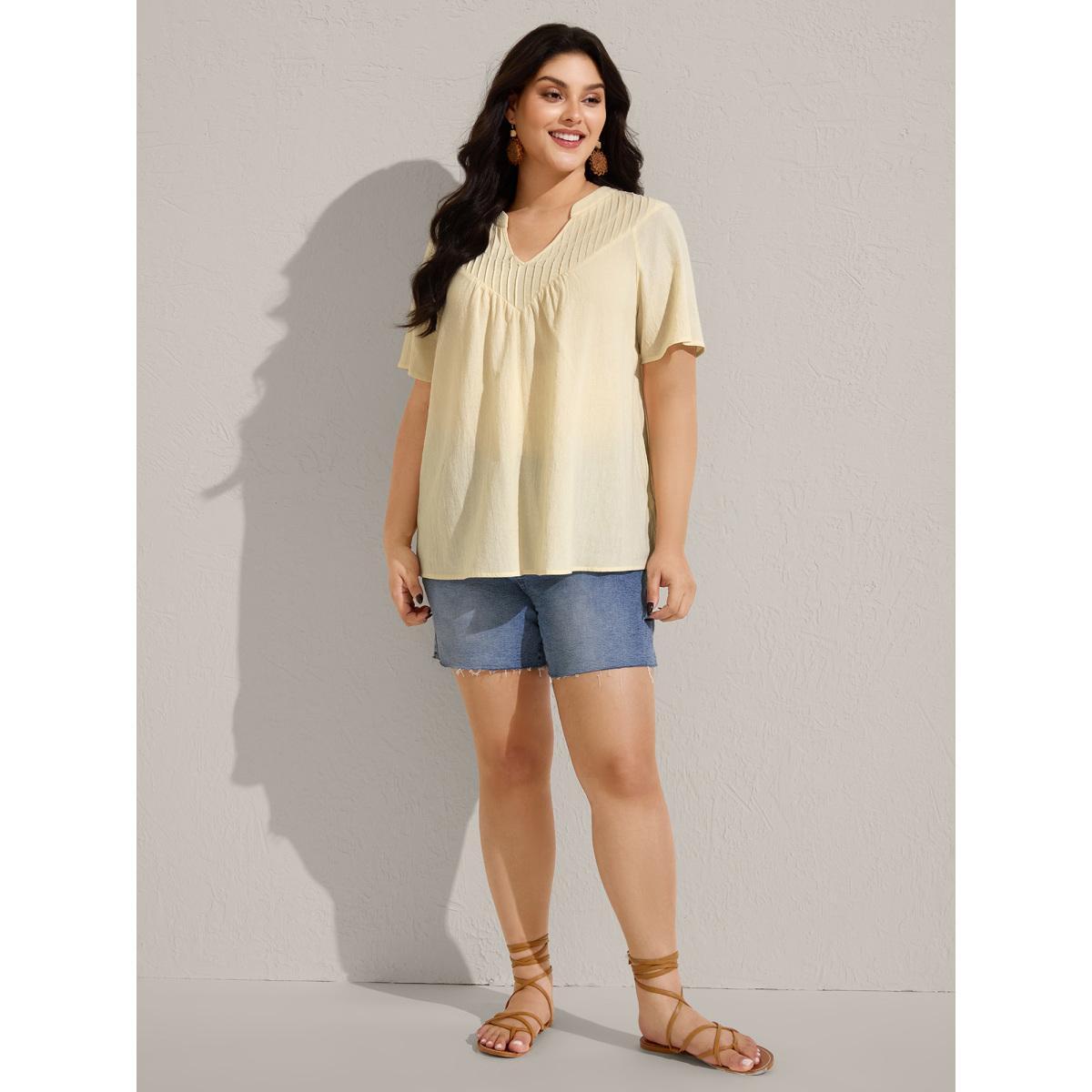 Plus Size Beige Cotton Stripe Neckline Notched Pleated Sheer Blouse Women Short sleeve Flat collar with V-notch Vacation Blouses BloomChic 14-16/1X Product Image