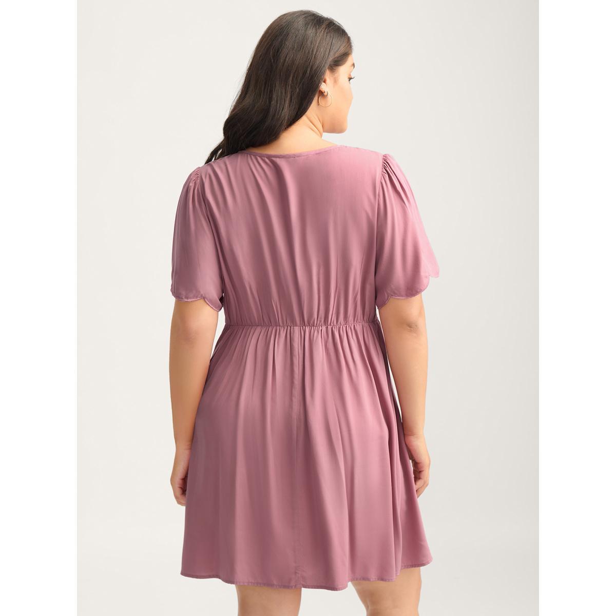 Plus Size Rayon Bodice Embroidered Patchwork Knot Midi Dress DustyPink Women V-neck Short sleeve Curvy BloomChic 28/5X Product Image