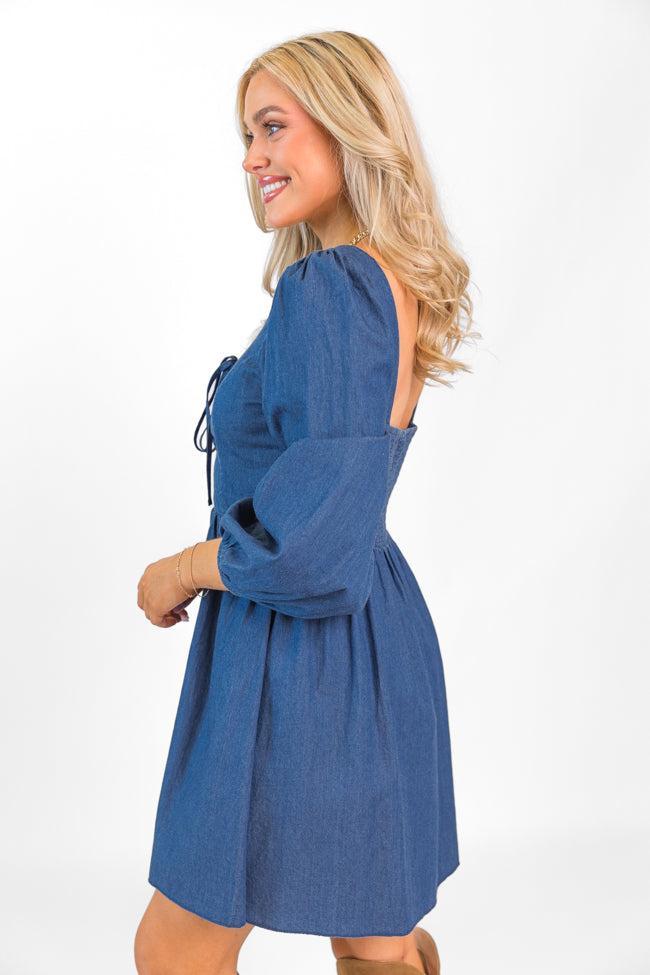 Up To Me Medium Wash Lace Up Detail Chambray Dress  SALE Product Image