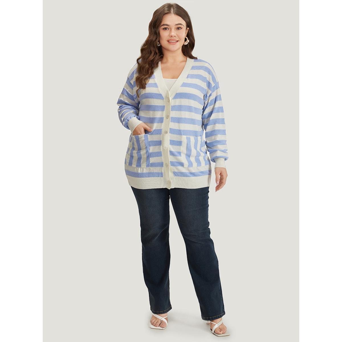 Plus Size Striped Button Down Patched Pocket Cardigan LightBlue Women Casual Loose Long Sleeve Everyday Cardigans BloomChic 12/L Product Image