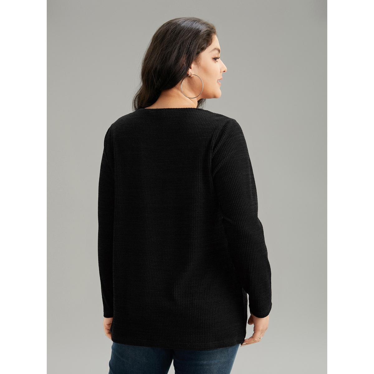 Plus Size Solid Rib Knit Button Detail T-shirt Black Women Casual Non Plain V-neck Everyday T-shirts BloomChic 26/4X Product Image