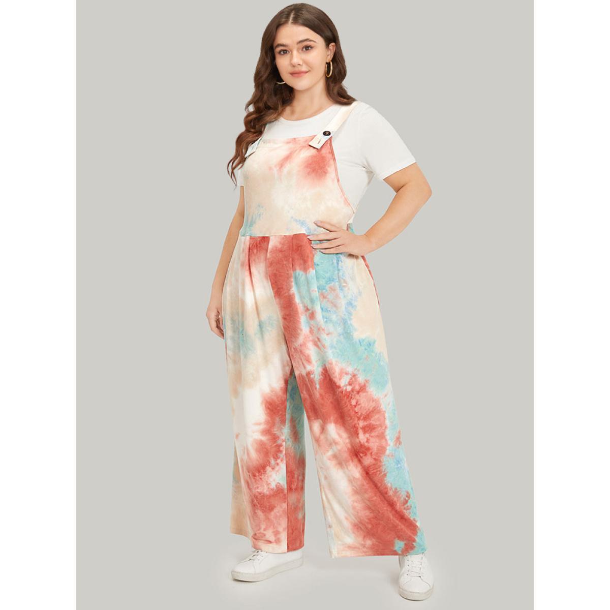 Plus Size Multicolor Tie Dye Pocket Button Adjustable Straps Jumpsuit Women Casual Sleeveless Spaghetti Strap Dailywear Loose Jumpsuits BloomChic 26/4X Product Image