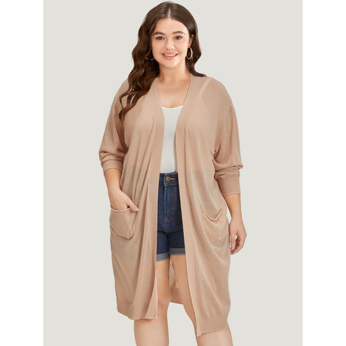 Plus Size Solid Patched Pocket Open Front Breathable Maxi Cardigan Apricot Women Casual Loose Long Sleeve Everyday Cardigans BloomChic 14-16/1X Product Image