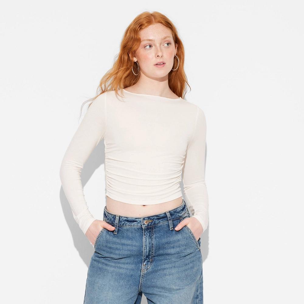 Womens Long Sleeve Boat Neck Ruched Top - Wild Fable Cream XXS Product Image