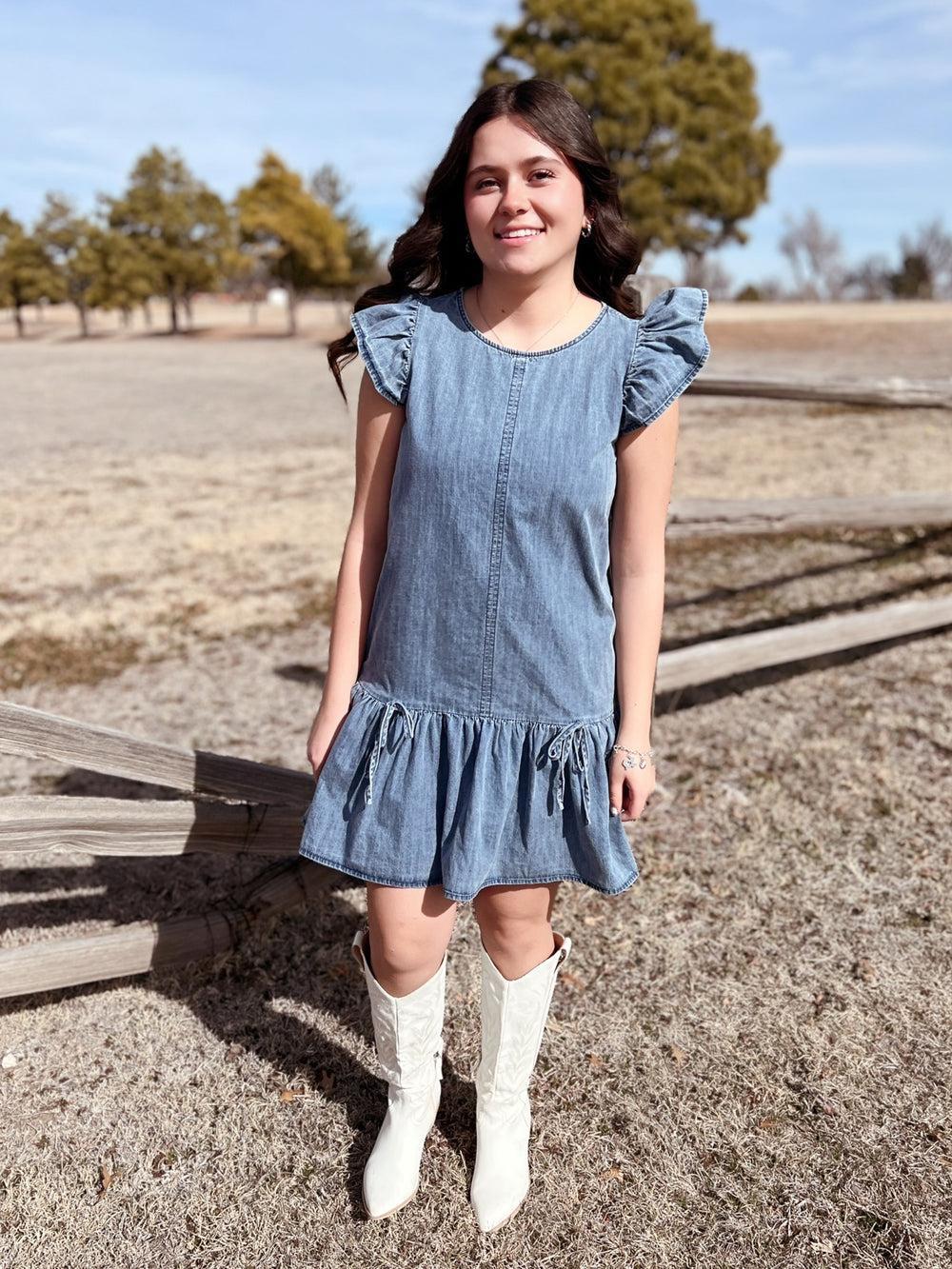 Ruffled Sleeve Washed Denim Mini Dress w/ Bow Detail Product Image