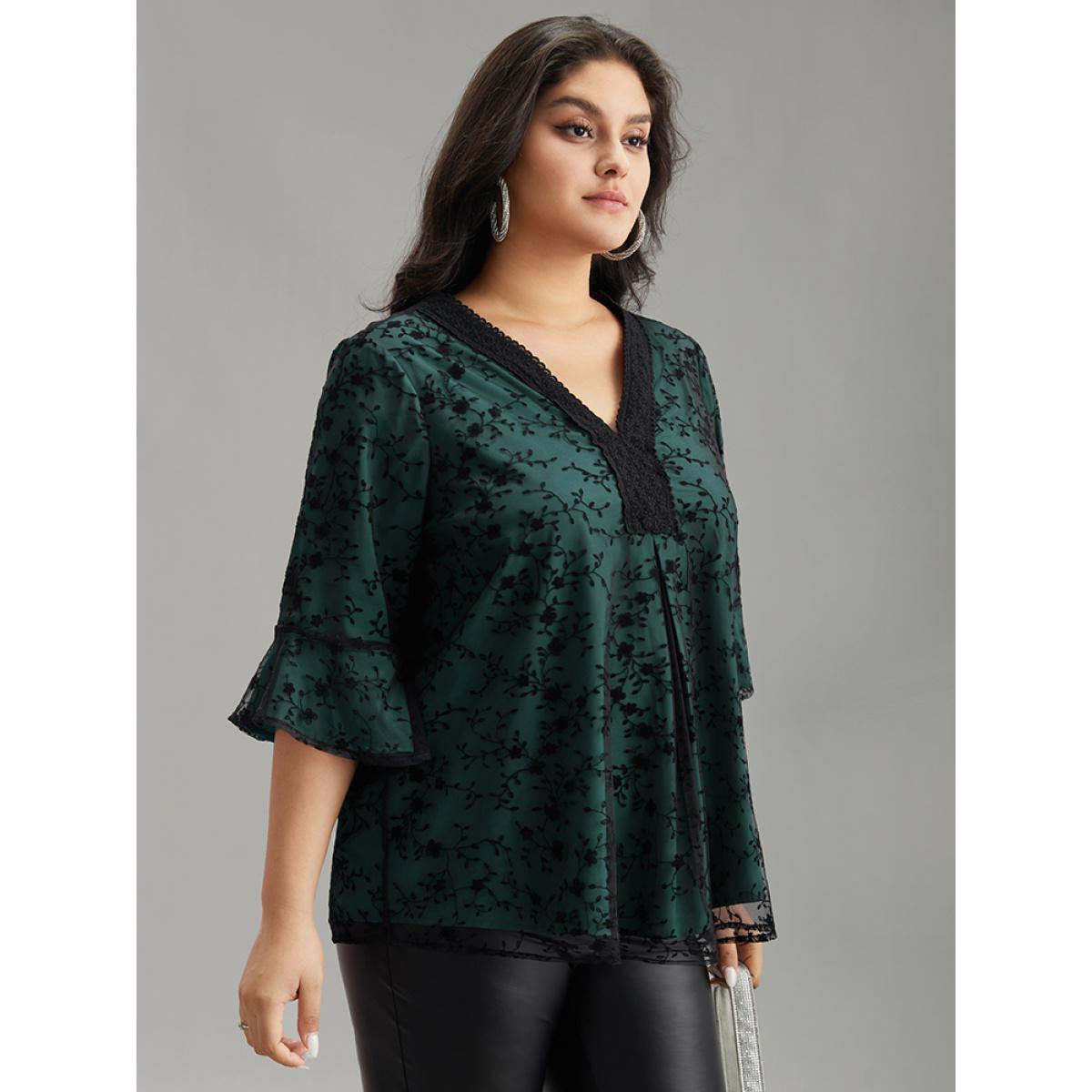Plus Size DarkGreen Crochet Lace Mesh Bell Sleeve Blouse Women Cocktail Elbow-length sleeve V-neck Party Blouses BloomChic 10/M Product Image