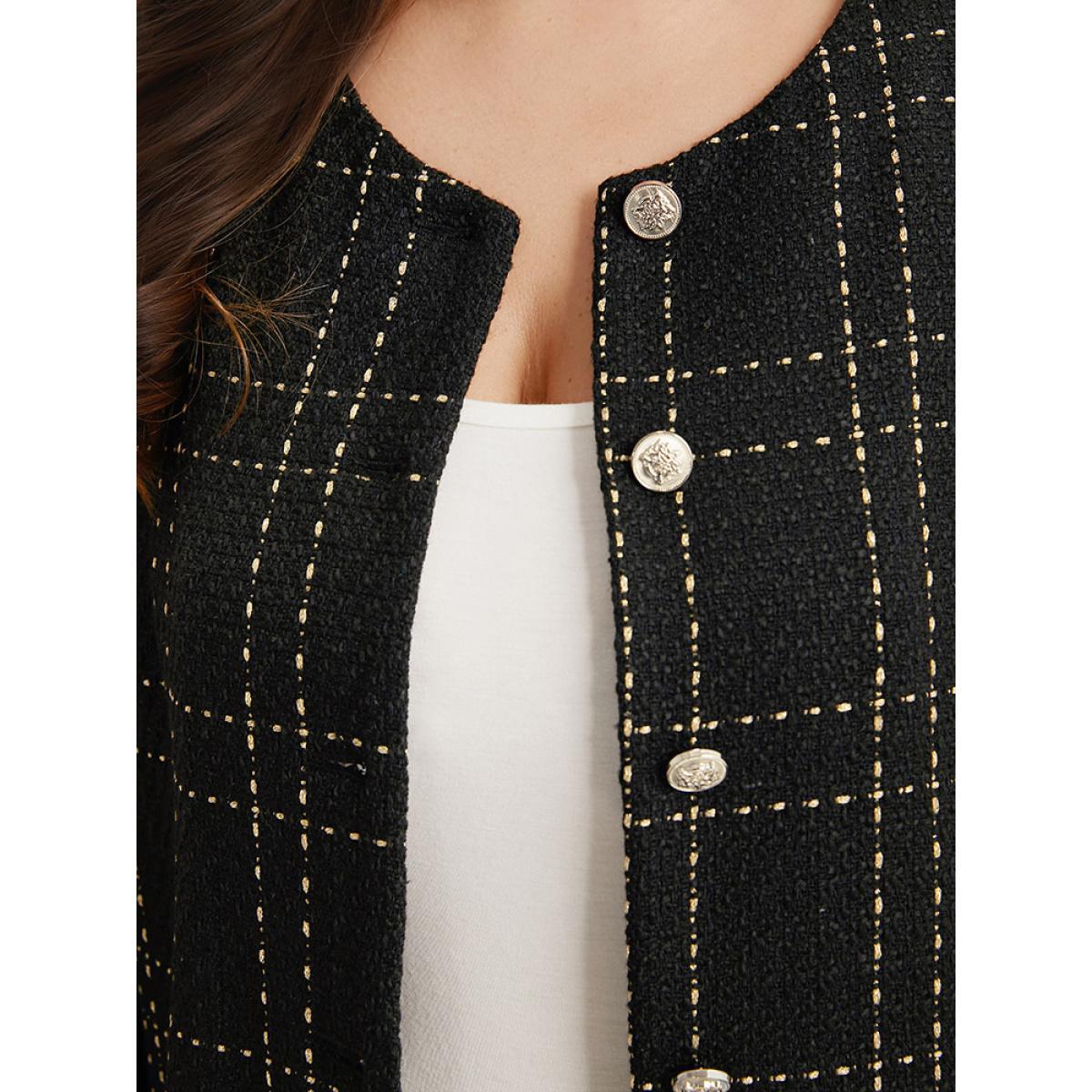 Plus Size Plaid Pattern Button Up Crew Neck Coat Women Black Casual Texture Ladies Dailywear Winter Coats BloomChic 22-24/3X Product Image