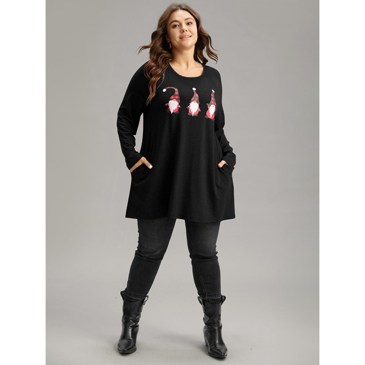 Plus Size Santa Claus Print Long Sleeve T-shirt Black Women Casual Printed Christmas Dailywear T-shirts BloomChic 18-20/2X Product Image