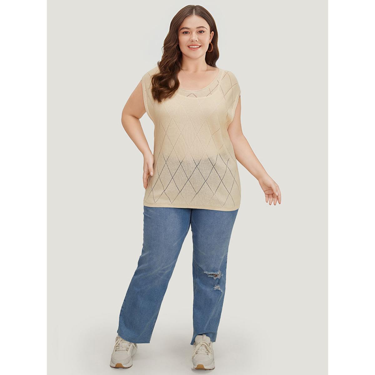 Plus Size Lightweight Argyle Eyelet Batwing Sleeve Pullover Apricot Women Casual Short sleeve Round Neck Everyday Pullovers BloomChic 10/M Product Image