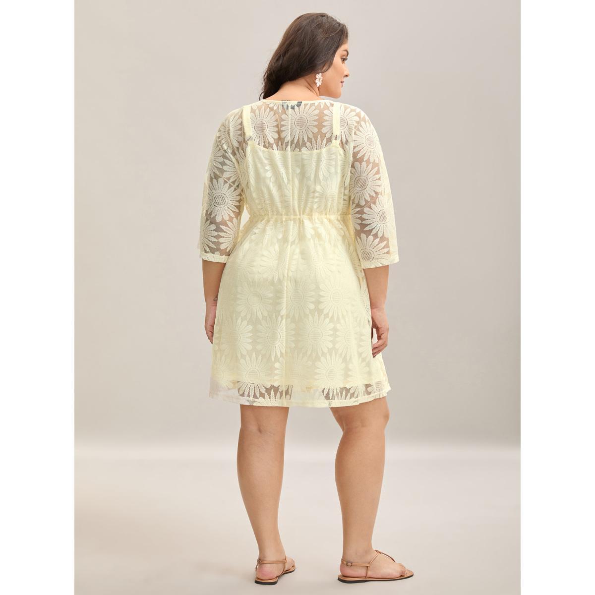 Plus Size Woven Tied Two-Piece Sheer Midi Dress Apricot Women Drawstring V-neck Half Sleeve Curvy BloomChic 10/M Product Image