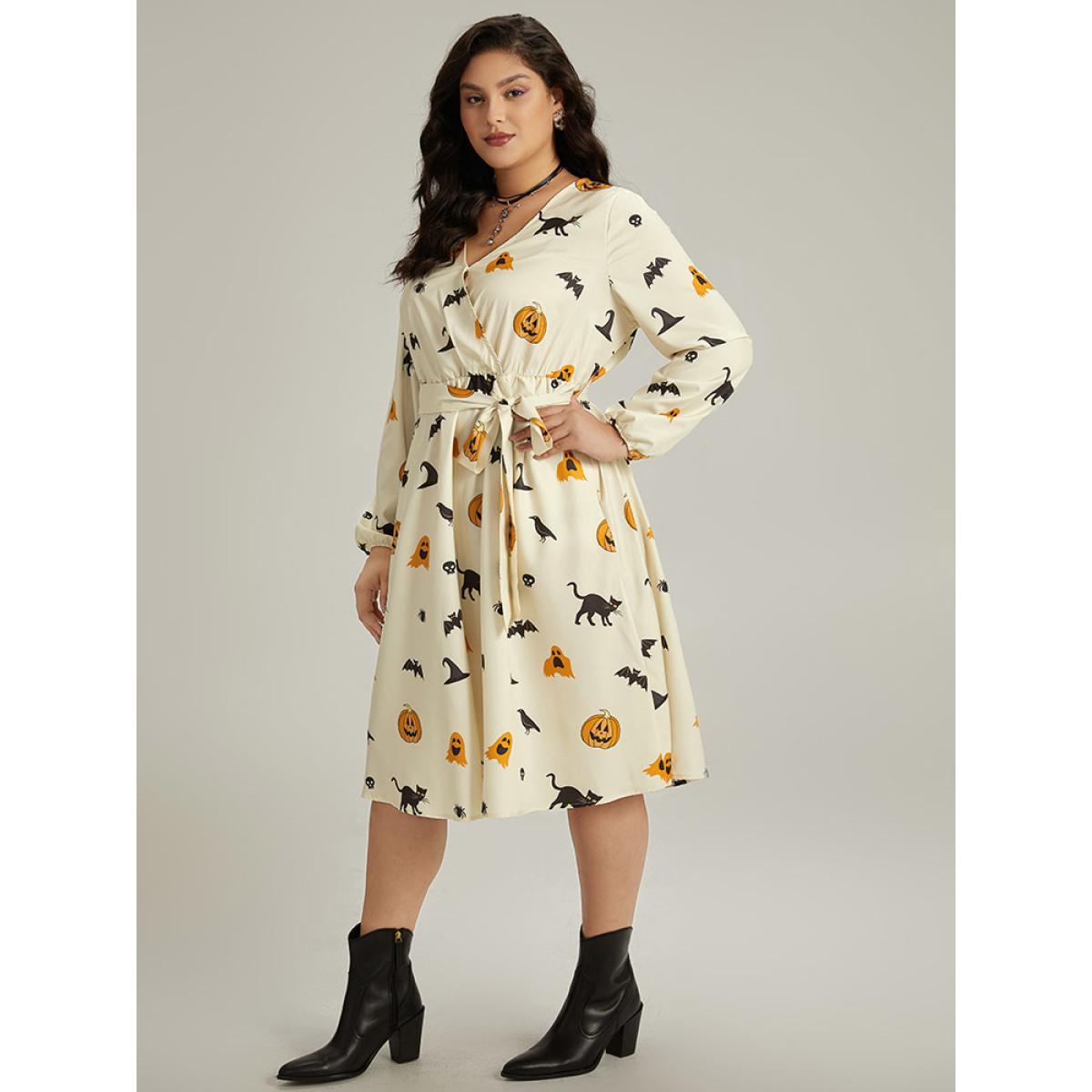 Plus Size Halloween Pumpkin & Bat Print Wrap Lantern Sleeve Dress Beige Women Office Elastic cuffs Overlap Collar Long Sleeve Curvy Midi Dress BloomChic 14-16/1X Product Image