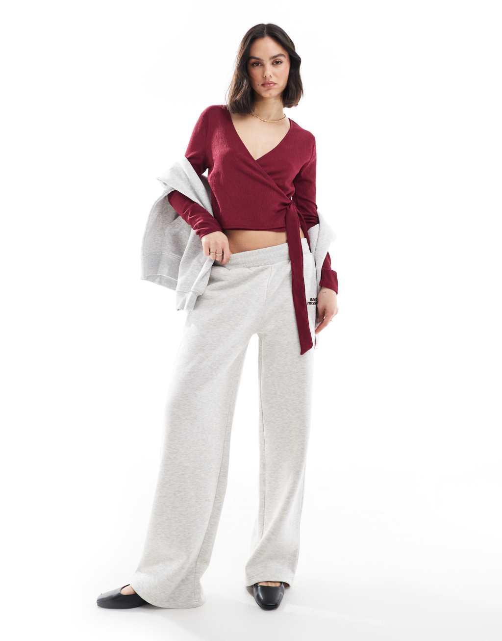 Miss Selfridge wrap top in burgundy Product Image