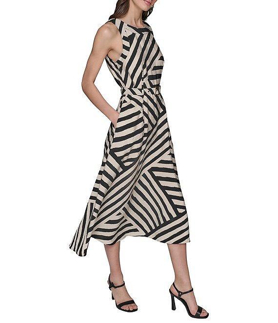 KARL LAGERFELD PARIS Printed Rumpled Rayon Blend Crew Neck Belted A-Line Midi Dress Product Image