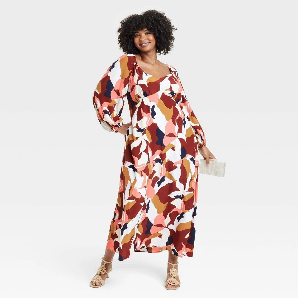 Womens Long Sleeve Crepe Maxi A-Line Dress - A New Day Red Floral XXL Product Image
