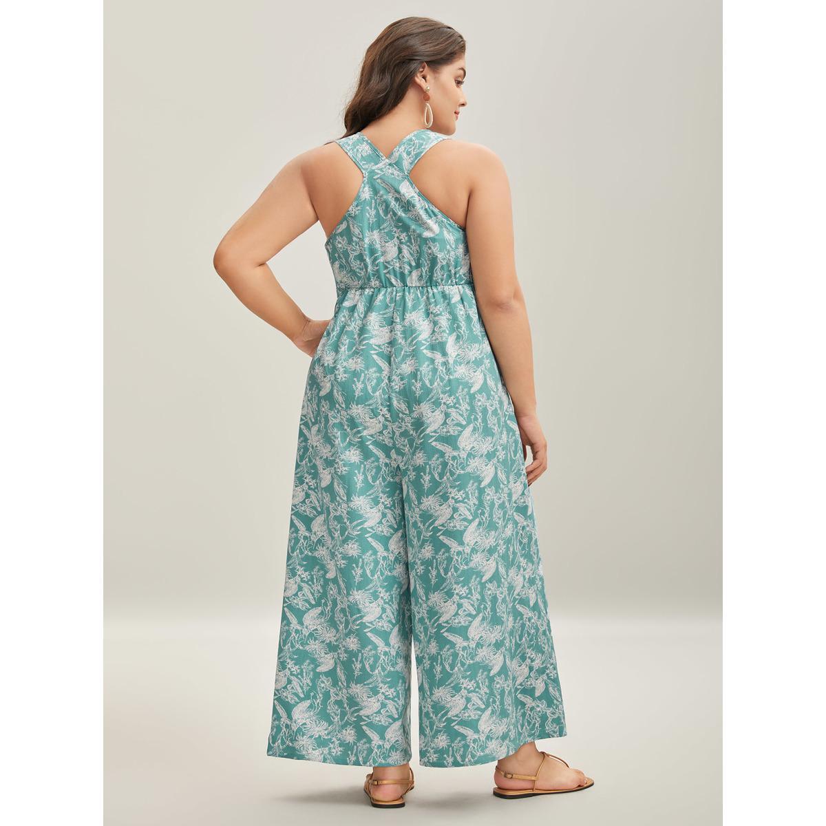 Plus Size Turquoise Plant Print Button Detail Stretchy Jumpsuit Women Sleeveless V-neck Vacation Loose Jumpsuits BloomChic 28/5X Product Image