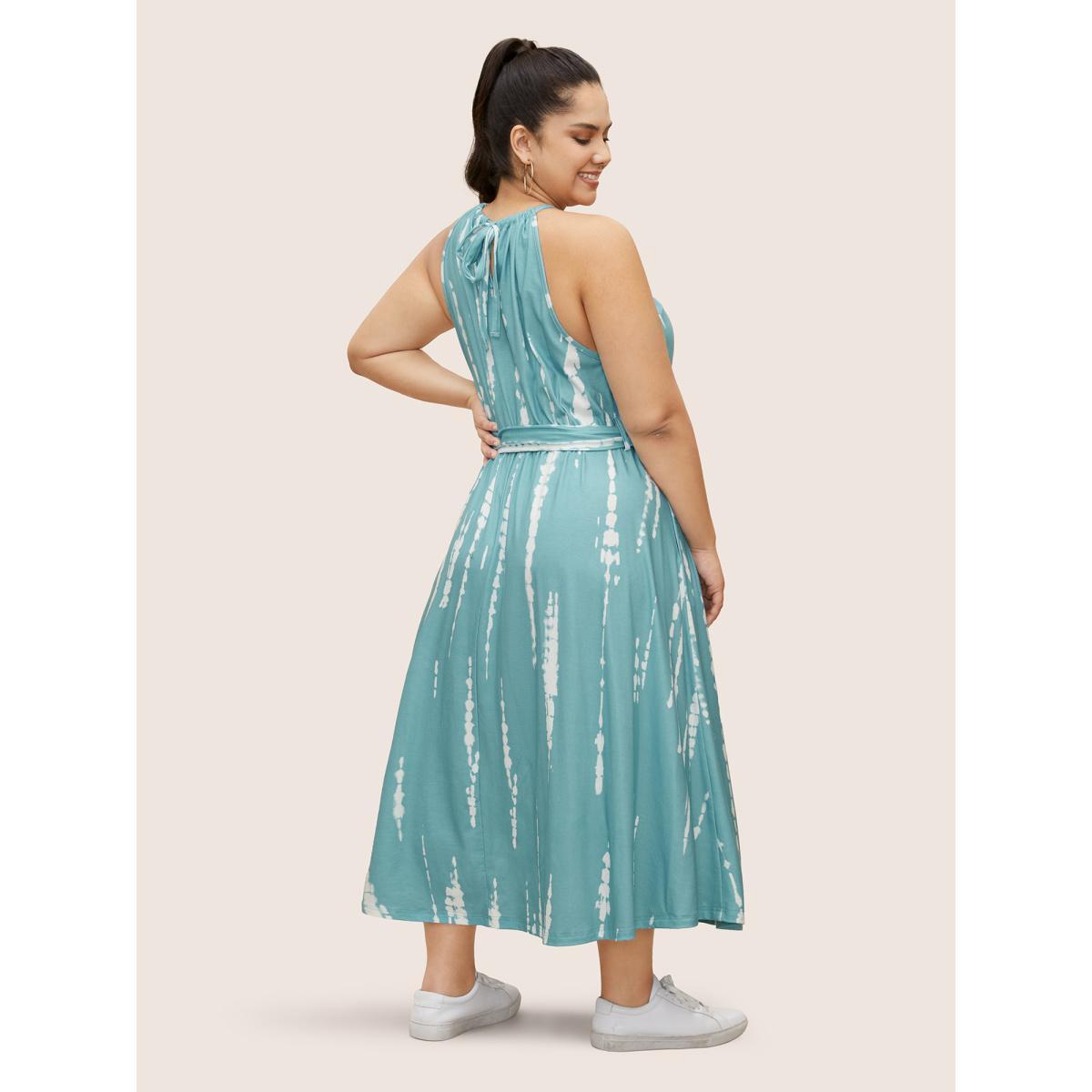Plus Size Tie Dye Halter Neck Belted Gathered Dress LightBlue Women Casual Gathered Halter neck Sleeveless Curvy BloomChic 22-24/3X Product Image