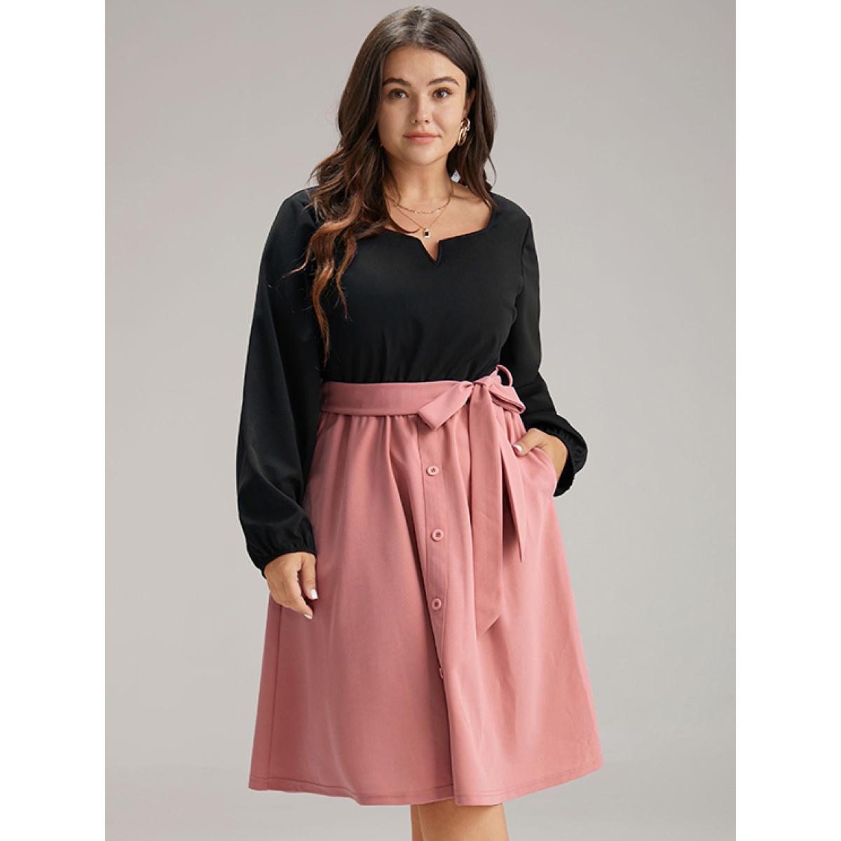 Plus Size Contrast Patchwork Button Detail Belted Dress Rouge Women At the Office Elastic cuffs Notched collar Long Sleeve Curvy Midi Dress BloomChic 28/5X Product Image