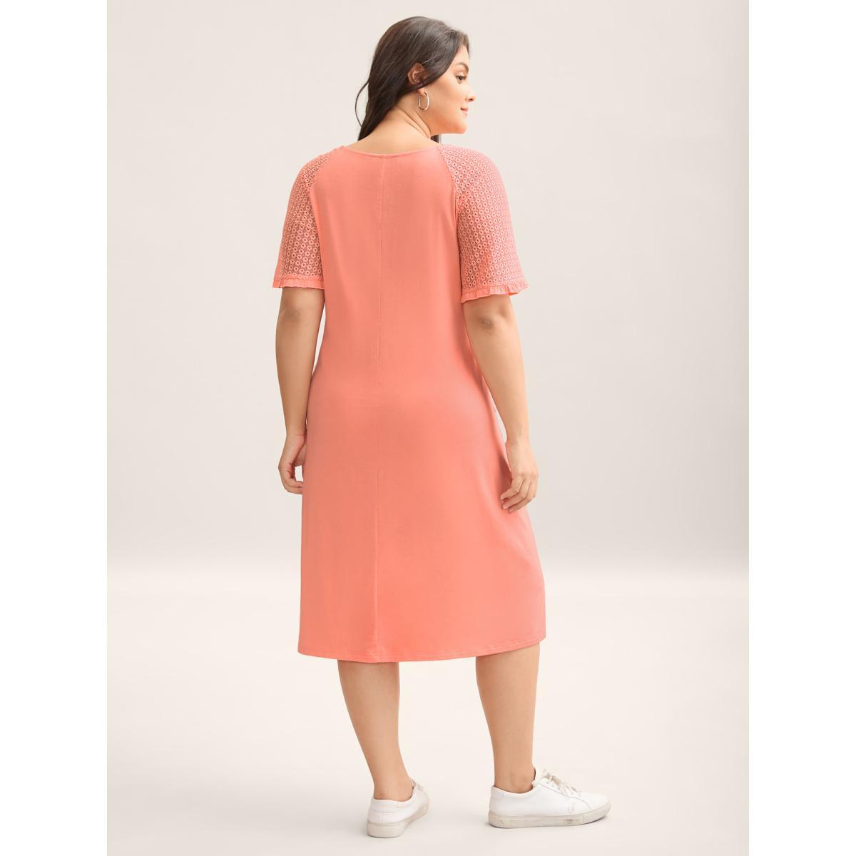 Plus Size Sheer Textured Stretchy Pockets Midi Dress Salmon Women Knit Dresses Bloomchic 14-16/1X Product Image