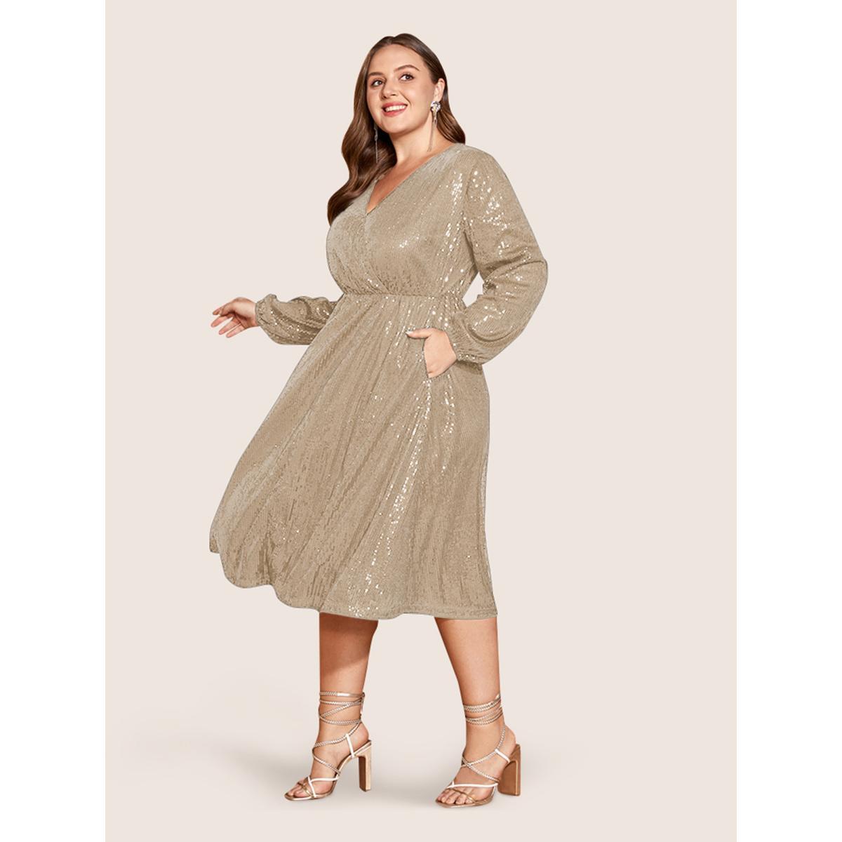 Plus Size Solid Pocket Lantern Sleeve Wrap Sequin Dress Champagne Women Party Pocket Overlap Collar Long Sleeve Curvy Midi Dress BloomChic 18-20/2X Product Image