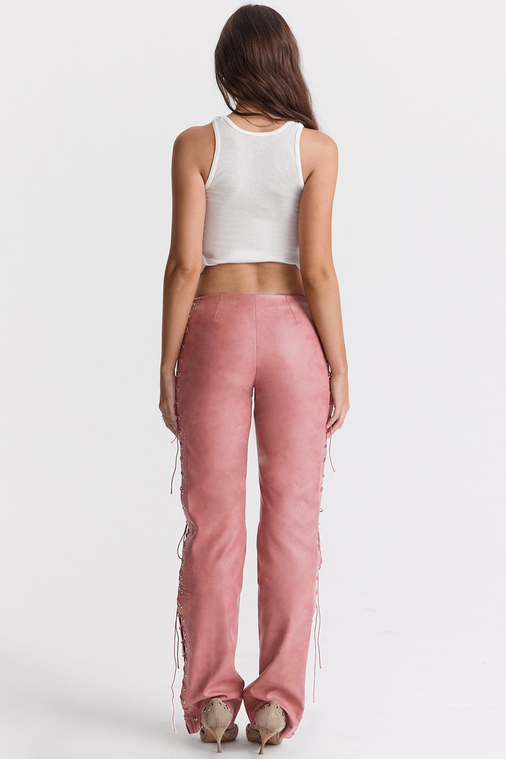 Drew Warm Pink Vegan Leather Lace Up Trousers Product Image