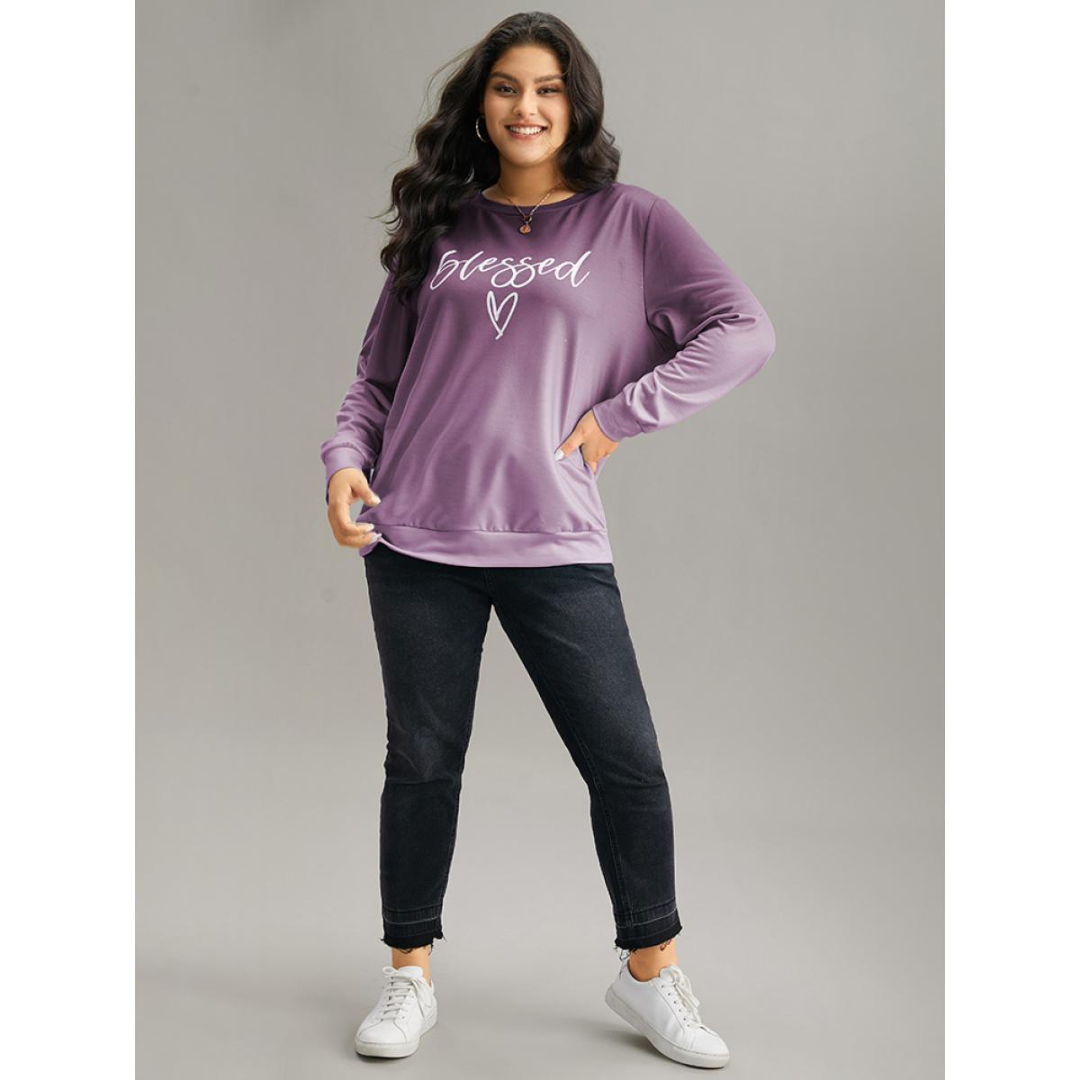 Plus Size Letter Print Ombre Crew Neck Sweatshirt Women Purple Casual Printed Dailywear Sweatshirts BloomChic 12/L Product Image