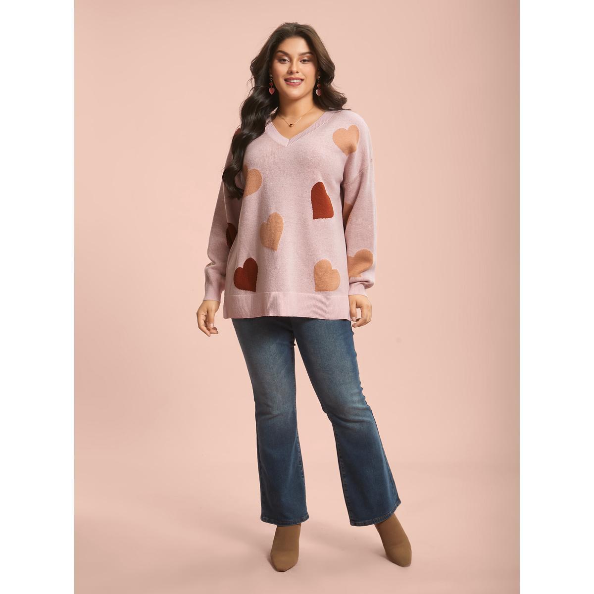 Plus Size V-Neck Heart Jacquard Contrast Pullover Nudepink Women Casual Loose Long Sleeve V-neck Everyday Pullovers BloomChic 14-16/1X Product Image