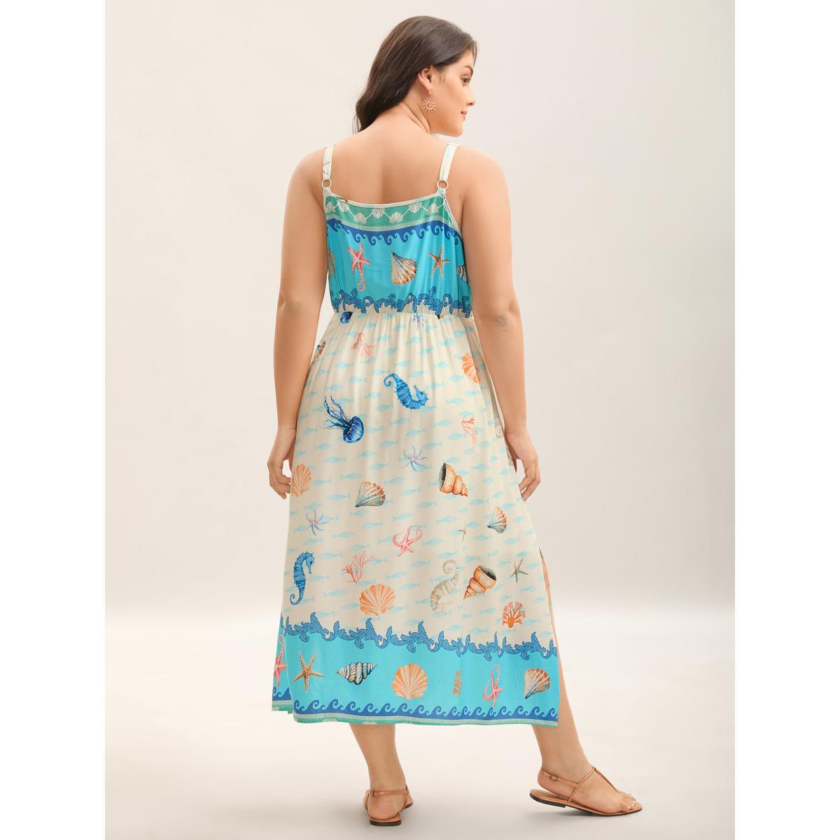 Plus Size Oceanic Print Slit Sleeveless Midi Dress LightBlue Women Square Neck Sleeveless Curvy BloomChic 10/M Product Image
