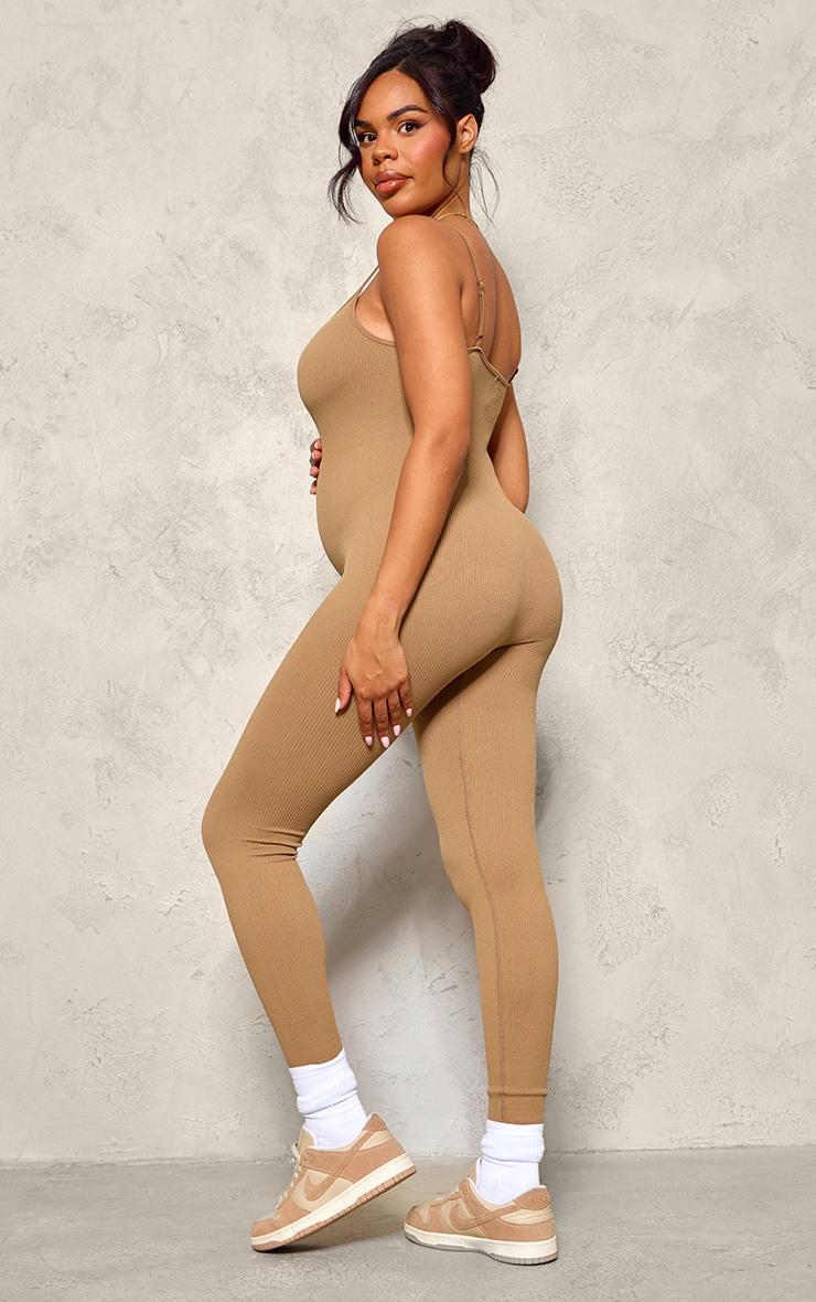 Maternity Brown Strappy Snatched Ribbed Jumpsuit Product Image