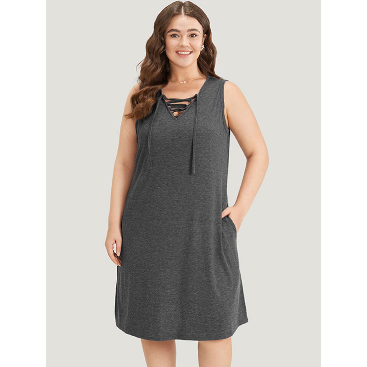 Plus Size Plain Pocket Lace Up Sleeveless Dress DimGray Women Casual Plain V-neck Sleeveless Curvy Midi Dress BloomChic 28/5X Product Image