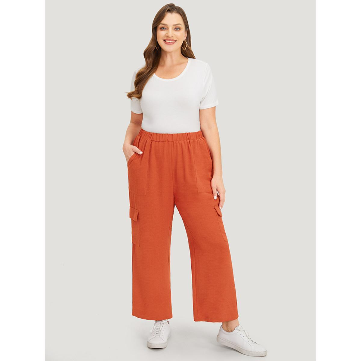 Plus Size Solid Flap Pocket High Rise Pants Women Rust Casual Straight Leg High Rise Dailywear Pants BloomChic 26/4X Product Image