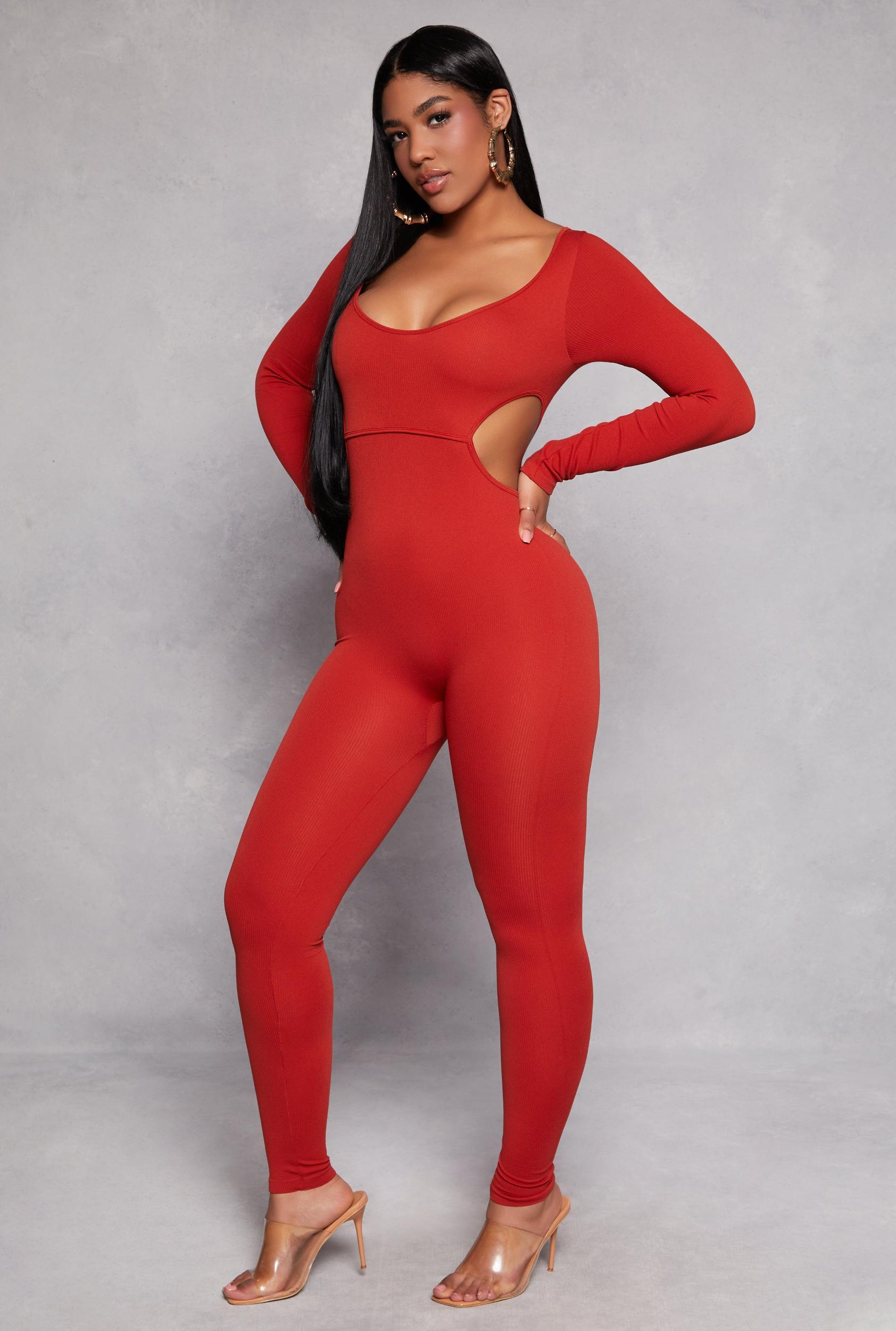 Womens Ribbed Knit Cut Out Side Catsuit Product Image