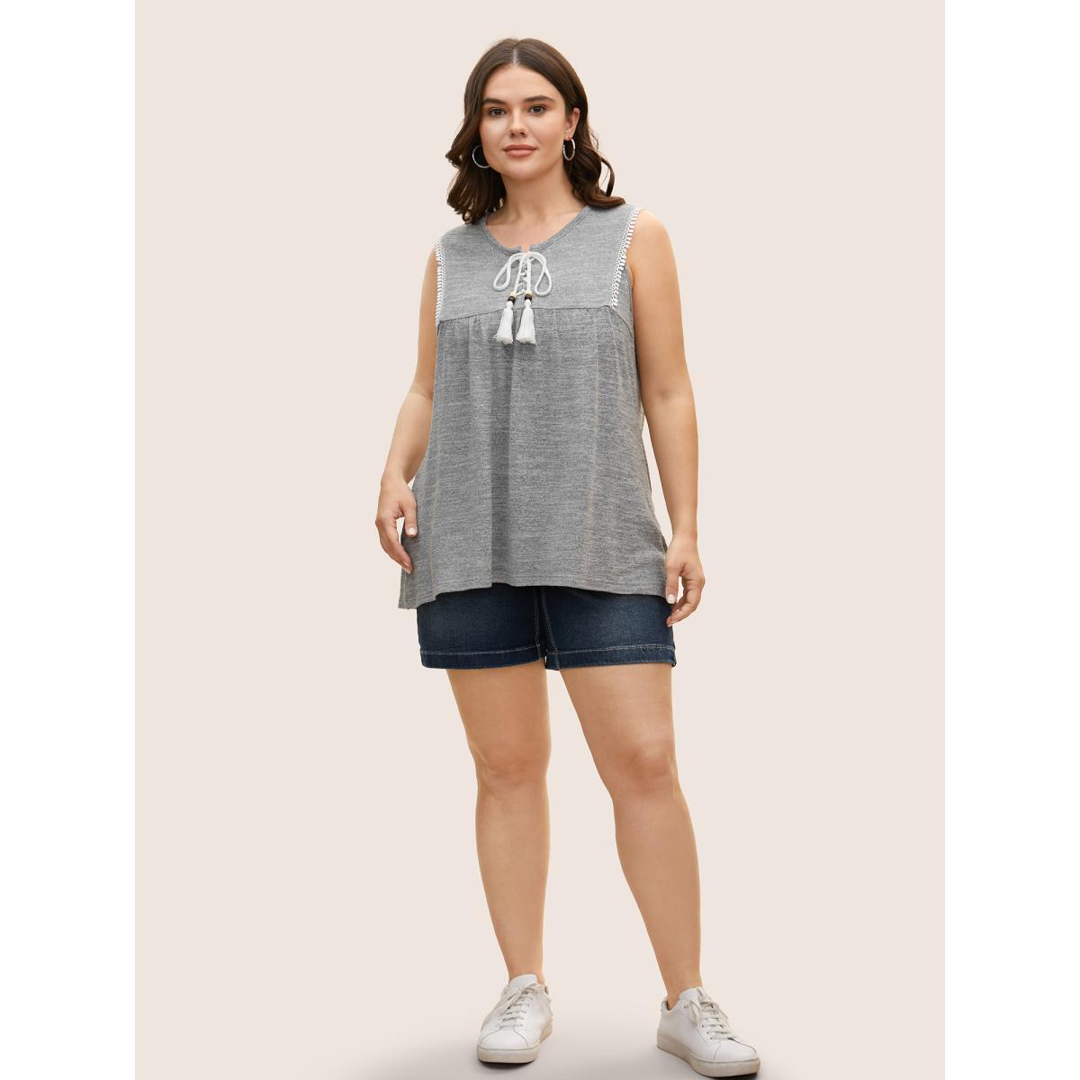 Plus Size Textured Lace Up Tassel Pompom Trim Tank Top Women DimGray Resort Woven ribbon&lace trim Round Neck Vacation Tank Tops Camis BloomChic 30/6X Product Image