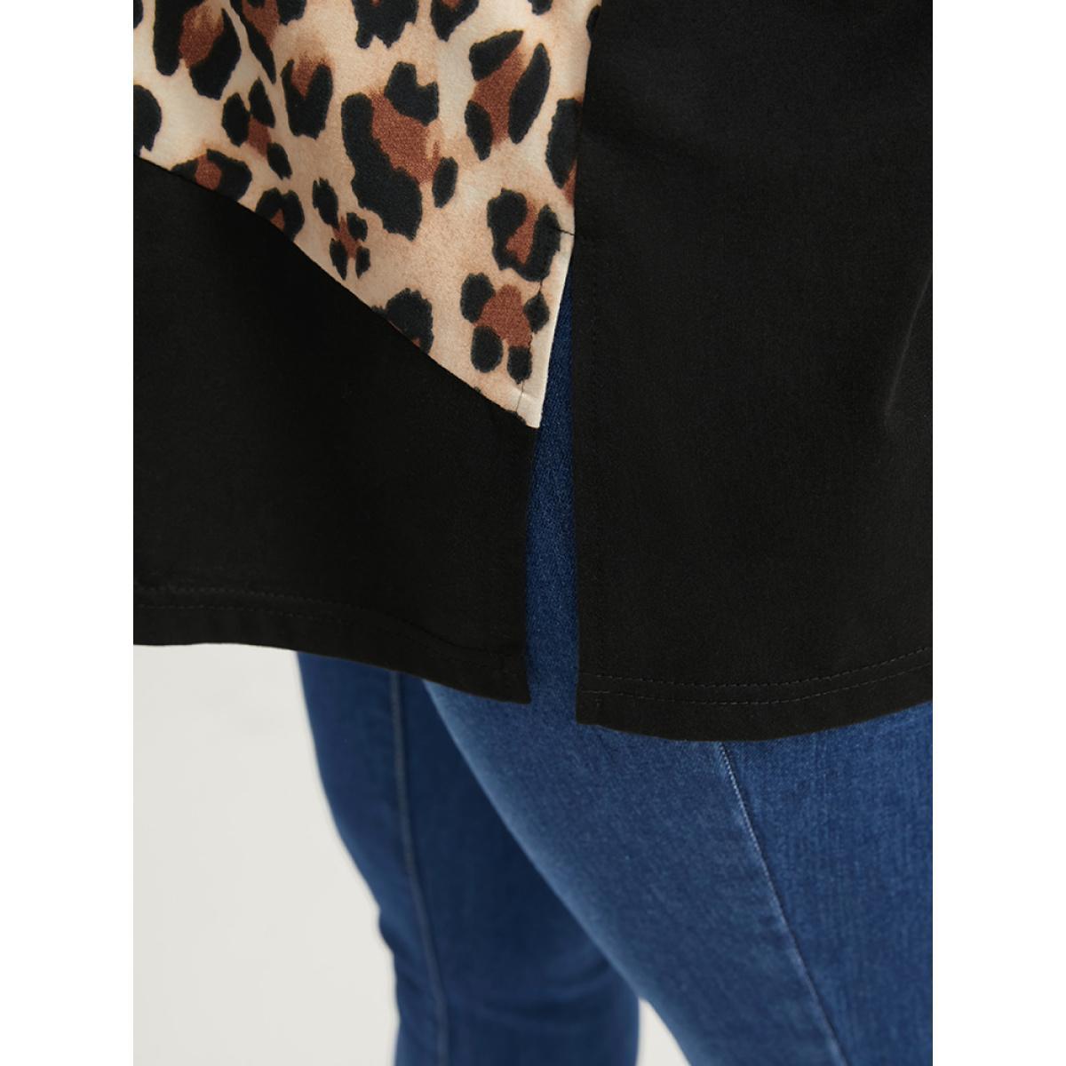 Plus Size Leopard Drop Shoulder Split Long Tee Black Women Casual Leopard Round Neck Dailywear T-shirts BloomChic 18-20/2X Product Image