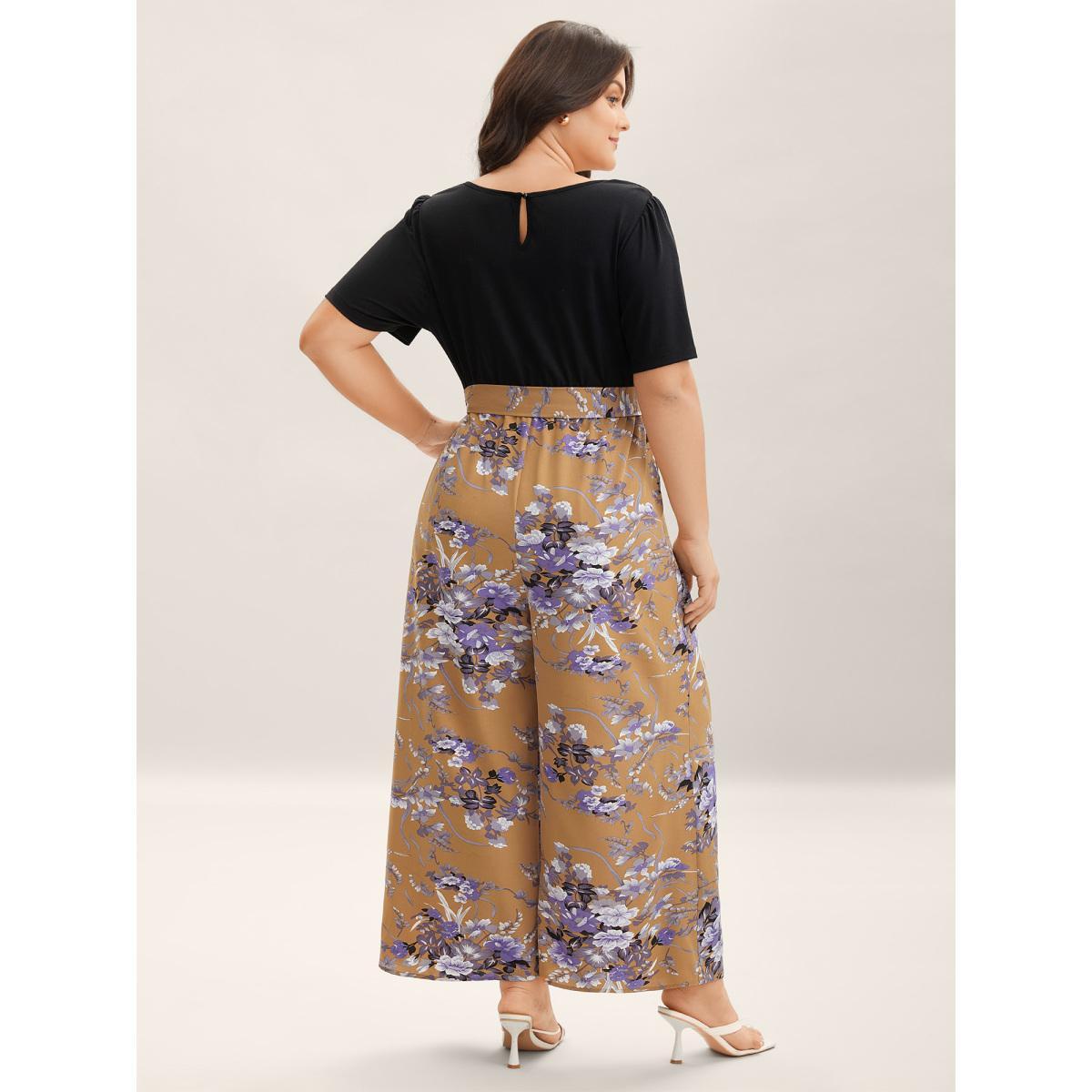 Plus Size Lightorange Color Contrast Belted Panel Pockets Jumpsuit Women Elegant Short sleeve Square Neck Everyday-Elegant Loose Jumpsuits BloomChic 12/L Product Image