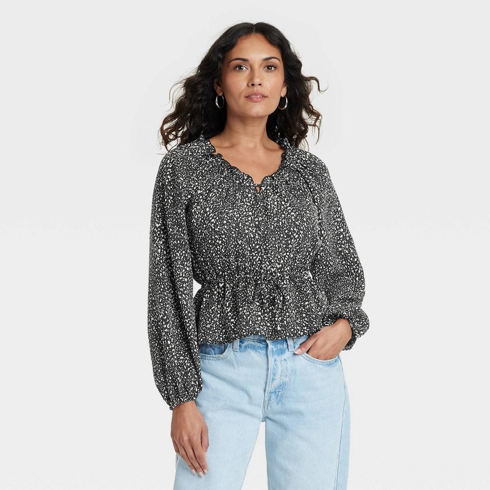 Womens Balloon Long Sleeve Blouse - Universal Thread Black Abstract M Product Image