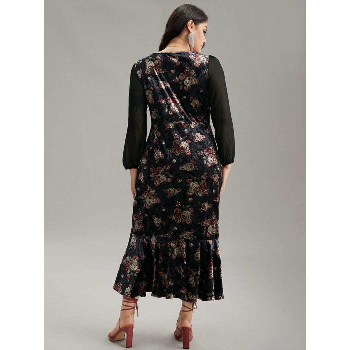 Plus Size Velvet Floral Notched Ruffles Mermaid Hem Dress Black Women Cocktail Velvet Notched collar Long Sleeve Curvy Midi Dress BloomChic 26/4X Product Image