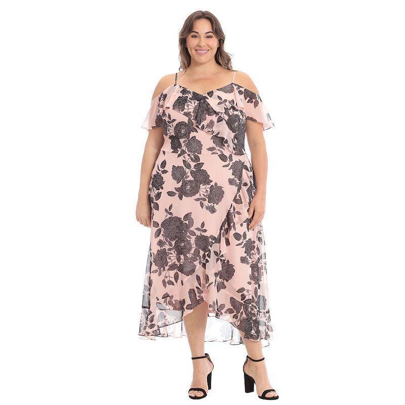 Plus Size London Times Cold Shoulder Ruffle Faux Wrap Dress, Womens Product Image