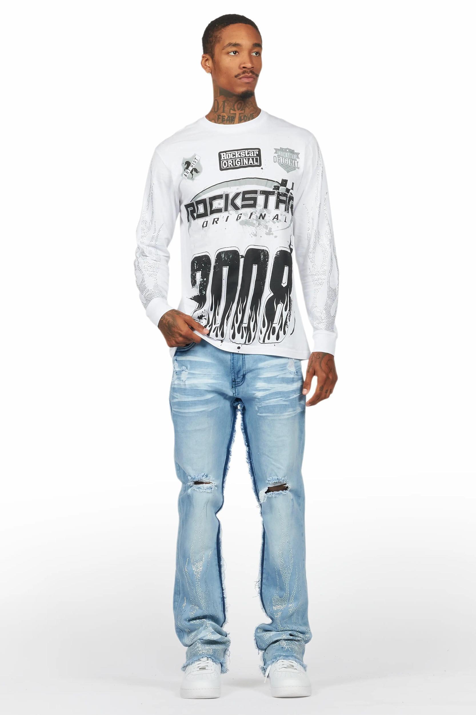 Amos White/Blue Rhinestone Long Sleeve T-Shirt/Stacked Flare Jean Set Male Product Image