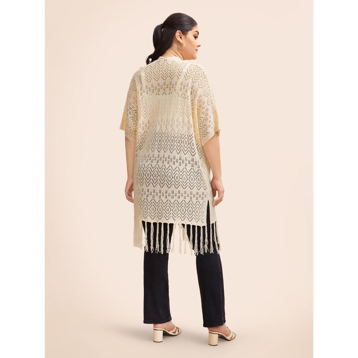 Plus Size Kimono Collar Cut Out Tassel Trim Cardigan Apricot Women Beach Loose Half Sleeve Vacation Cardigans BloomChic 18-20/2X Product Image