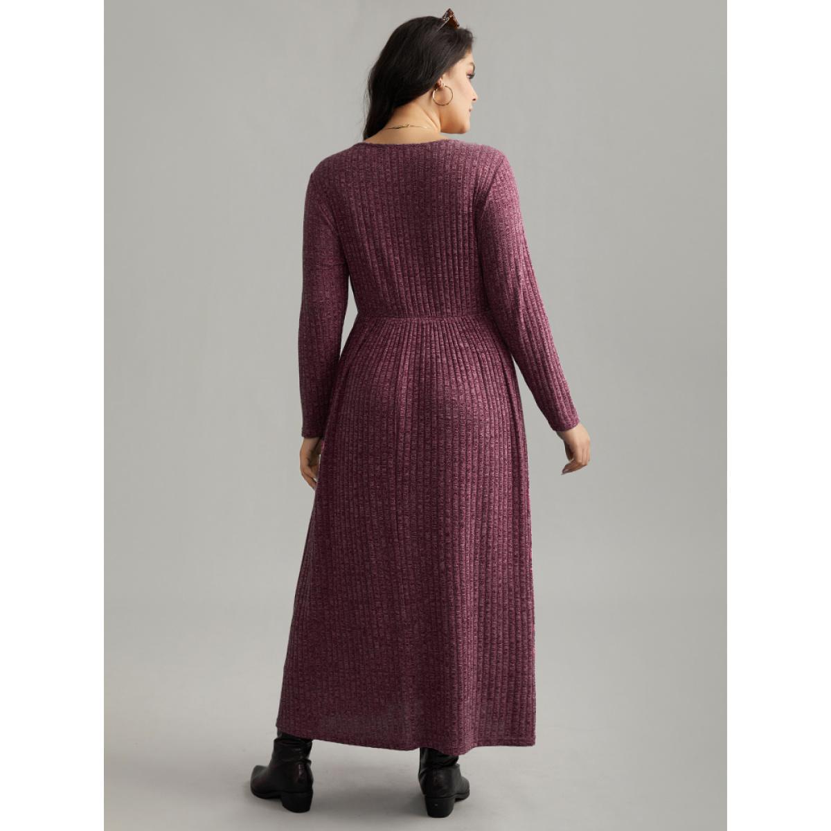 Plus Size Solid Rib Knit Overlap Collar Pocket Dress Purple Women Casual Texture Overlap Collar Long Sleeve Curvy Midi Dress BloomChic 10/M Product Image