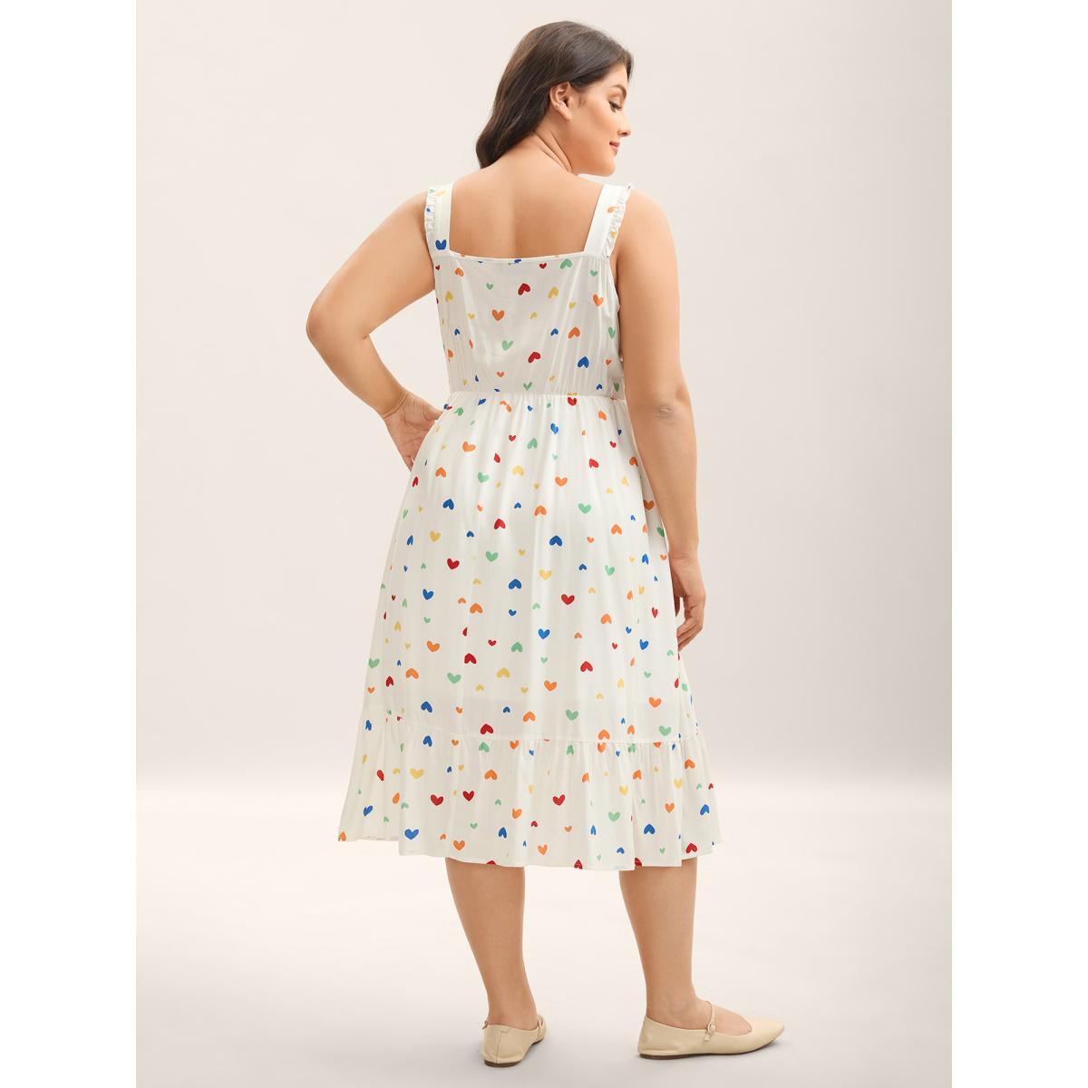 Plus Size Colorful Hearts Print Pockets Midi Dress Ivory Women Square Neck Sleeveless Curvy BloomChic 14-16/1X Product Image